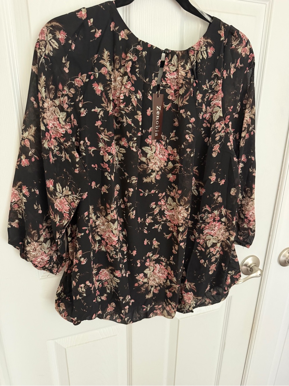 Zenobia Black Floral Peasant Blouse with Pink & Cream Bouquet